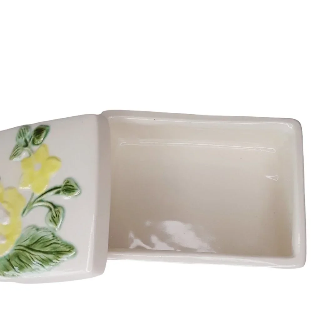 Floral Trinket Box Vintage Ceramic McNees Mold Jewelry Box White Yellow Flower